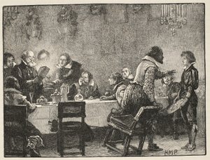 Lord Monteagle y la carta de advertencia sobre la Conspiración de la Pólvora, ilustración de la Historia Ilustrada de Inglaterra de Cassell