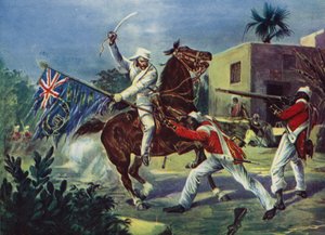 Lord Roberts luchando contra dos cipayos por el estandarte británico en Khudaganj, por lo que recibió la Cruz Victoria durante el motín indio. de English School