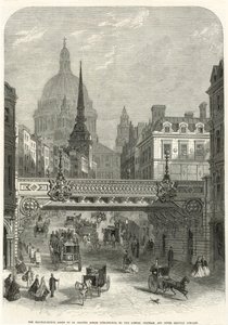 Ludgate Hill, el puente ferroviario a punto de ser erigido por la Compañía de Ferrocarriles de Londres, Chatham y Dover de English School