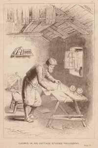 Ludwig en su cabaña estudia filosofía (grabado) de English School