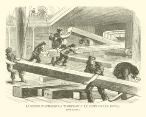 Cargadores descargando buques madereros en muelles comerciales (grabado) de English School