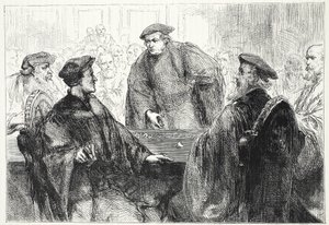 Lutero y Zwingle discutiendo en Marburgo, ilustración de La Historia del Protestantismo de James Aitken Wylie, pub. 1878 de English School