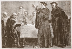 Lutero desafiando a Carlstadt a escribir contra él, ilustración de La Historia del Protestantismo de James Aitken Wylie, pub. 1878 de English School