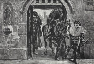 Lutero escapando de Augsburgo, ilustración de La Historia del Protestantismo de James Aitken Wylie, pub. 1878 de English School
