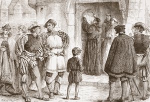 Lutero clavando sus Tesis en la puerta de la Schloss-Kirk en Wittemberg, ilustración de La Historia del Protestantismo de James Aitken Wylie, pub. 1878 de English School
