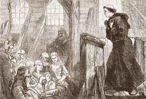 Lutero predicando en la antigua iglesia de madera en Wittemberg, ilustración de La Historia del Protestantismo por James Aitken Wylie (1808-1890), pub. 1878 de English School