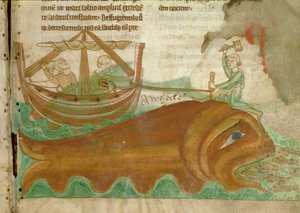 MS.254.f33r Una ballena con un marinero clavándole una estaca en la cabeza, detalle de un bestiario inglés, principios del siglo XIII (vitela)