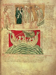 MS CCC 157 p.383 Las visiones soñadas por el rey Enrique I en Normandía en 1130, de la Crónica de Worcester, c.1130-40 (vitela) insertada c.1140 por Juan de Worcester en la crónica iniciada por Florencia de Worcester (m.1118); una de las primeras crónicas 