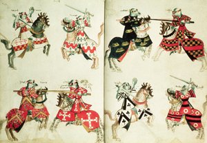 MS Harley 4205 fol.31v-32 Caballeros justando mostrando emblemas heráldicos (vitela) de English School