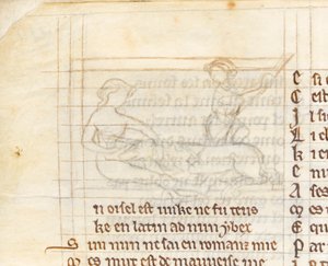 MS McClean 123 f.40v Dibujo subyacente para una miniatura que muestra a un cazador atrapando un unicornio acostado desnudo en el regazo de una virgen, del 