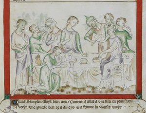 MS Royal 2 BVII, f.43 Reunión de Sansón y Dalila en una fiesta filistea, detalle de 