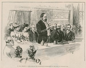 M Emile Zola leyendo un periódico ante el Instituto de Periodistas en el salón de Lincolns Inn, Londres de English School