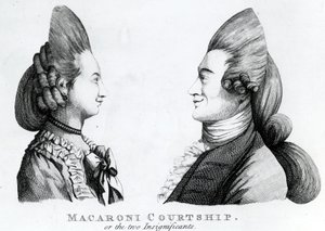 Cortejo Macaroni, o los dos Insignificantes, publicado por M. Darly, 1772