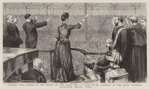 Madame Patti uniéndose al coro del aire galés, "O Land of My Fathers", en el Eisteddfod Nacional Real, Brecon, Gales