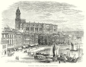 Málaga - Puerto, Muelle y Catedral (grabado)