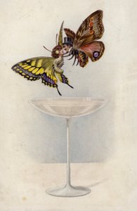 Hombre y mujer, como mariposas, flotando sobre una copa de champán