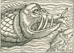 Hombre devorado por una serpiente marina. Ilustración encontrada en el margen de un mapa preparado por Olaus Magnus de English School