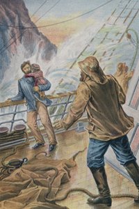 Hombre llevando a un niño y agarrado a la borda de un barco en plena tormenta (litografía en color) de English School