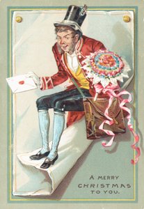Hombre entregando carta y flores, Tarjeta de Navidad de English School