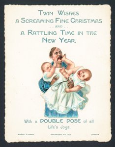 Hombre sosteniendo bebés gemelos que gritan, tarjeta de Navidad