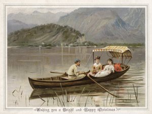 Hombre remando con dos chicas en el lago