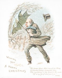 Hombre caminando por la nieve con viento fuerte, tarjeta de Navidad