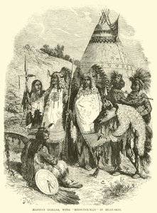 Indios Mandan, con hombre-medicina en piel de oso de English School