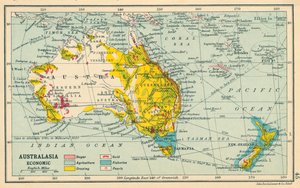 Mapa: Australasia, Económico (litografía en color) de English School