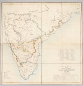 Mapa que muestra la partición actual del país dependiente de Fort St. George en divisiones militares con varias estaciones de tropas de English School