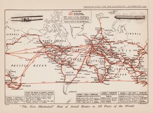 Mapa de rutas aéreas a todas las partes del mundo (litografía en color) de English School