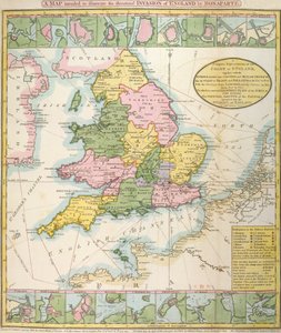 Mapa de Gran Bretaña, que ilustra la amenaza de invasión de Napoleón Bonaparte (1769-1821) 1803 (litografia en color)