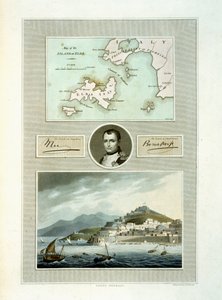 Mapa de Elba y Vista de Porto Ferraio con retrato de Napoleón y facsímil de su firma, 1815
