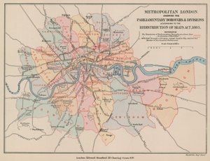 Mapa del Londres Metropolitano mostrando los Distritos y Divisiones Parlamentarias, 1885