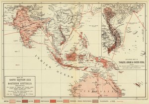 Mapa del sudeste de Asia y el norte de Australia; Mapa ampliado de Tonquín, Annam y Cochinchina (litografía a color)