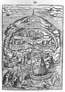 Mapa de la isla de Utopía, frontispicio del libro, 1563 de English School