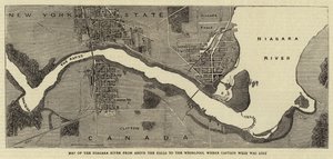 Mapa del río Niágara desde encima de las cataratas hasta el remolino donde se perdió el capitán Webb (grabado) de English School