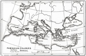 Mapa de las colonias fenicias y sus rutas comerciales en el Mediterráneo de English School