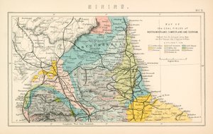 Mapa de los yacimientos de carbón de Northumberland, Cumberland y Durham (litografía en color) de English School