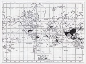 Mapa del mundo con los países productores de arroz (litografía) de English School