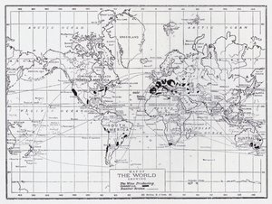 Mapa del mundo que muestra los países productores de vino (litografía) de English School
