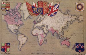 Mapa del Imperio Británico con banderas y escudos (litografía en color)
