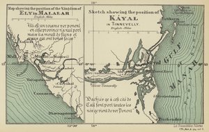 Mapa que muestra la posición del Reino de Ely en Malabar, Croquis que muestra la posición de Kayal en Tinnevelly (litografía en color). de English School