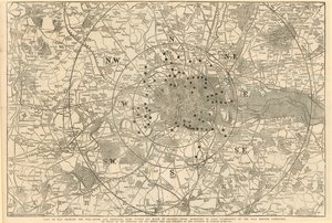 Mapa que muestra las puertas de peaje y las principales barreras dentro de 6 millas de Charing Cross, exhibido a Lord Palmerston por el Comité de Reforma de Peajes