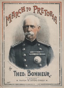 Marcha a Pretoria, portada de partitura con un retrato del mariscal de campo Lord Roberts (litografía en color) de English School