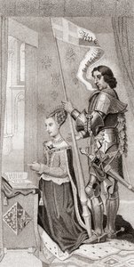 Margarita de Dinamarca con San Canuto, patrón de Dinamarca, detrás sosteniendo un estandarte con la cruz de las cruzadas. Margarita de Dinamarca