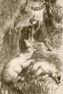 Margarita de Roberval dispara a dos osos en la Isla de los Demonios, frente a Terranova (litografía) de English School