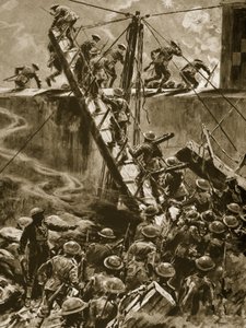 Marinos y marineros saltando en los pasillos desde el H.M.S. Vindictive, 1914-19