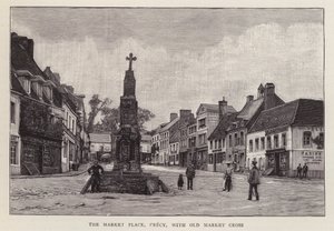 Plaza del mercado, Crecy, Francia, con la antigua cruz del mercado de English School