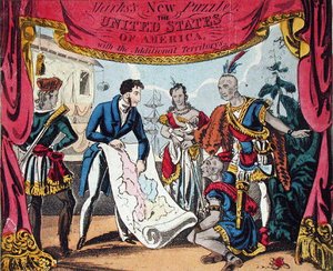 Nuevo rompecabezas de Marks. Los Estados Unidos de América, con los territorios adicionales, publicado por J.F. Marks, Londres de English School