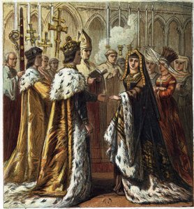 Matrimonio de Enrique VII, Rey de Inglaterra (1457-1509) con Isabel de York (1466-1503) el 18 de enero de 1486. Matrimonio de Enrique Séptimo e Isabel de York. cromolitografía en "Imágenes de la Historia Inglesa" publicada por George Routledge & Sons. 1890
